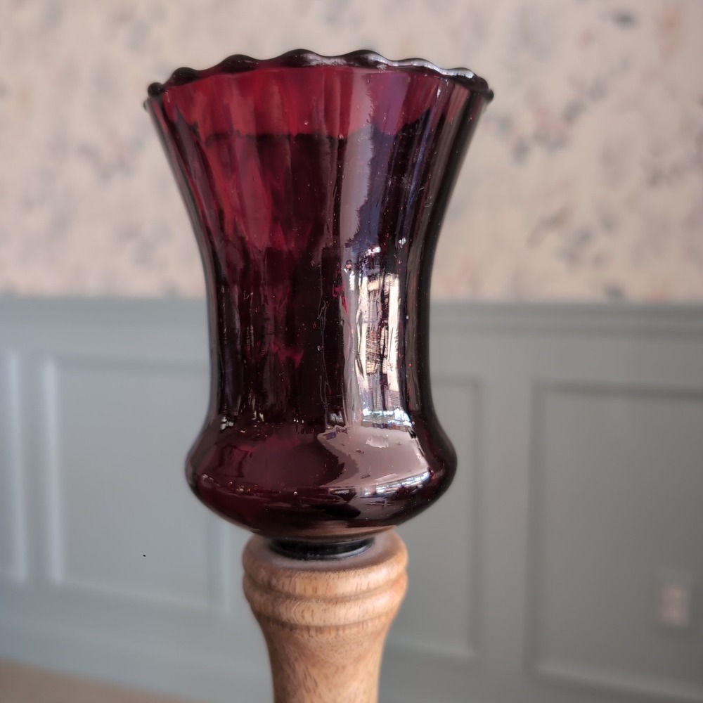 Vintage Ruby Red Glass Votive Peg Candle Holder Tulip Scalloped Hurricane Cup